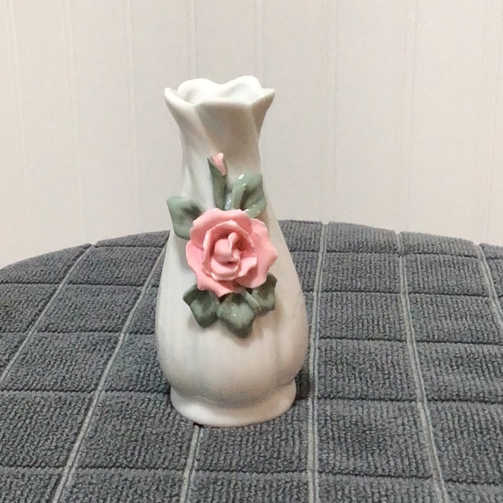 Vintage White Bud Vase with Pink Rose
